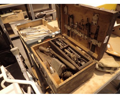 Small wooden tool chest with fitted interior and assorted tools marked inside of lid AM 1941 and outer marked AR Limb