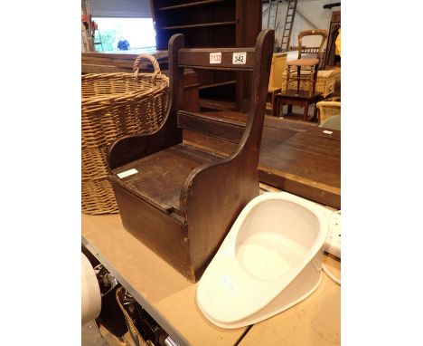 Child's wooden commode with ceramic potty plus ceramic slipper pan