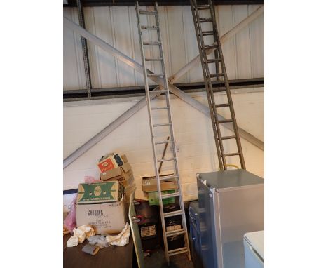 Pair of extending aluminium step ladders approximately 15ft - 30ft