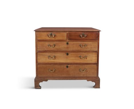 A VICTORIAN MAHOGANY CHEST OF DRAWERS, with two short and three long drawers, fitted with brass drop handles and raised on br