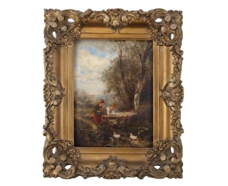 J.C. THOM (AMERICAN 1835 - 1898)'Dawn by the Spring'.Children playing by a stream,Oil on board, 26 x 30cm,Signed and dated (1
