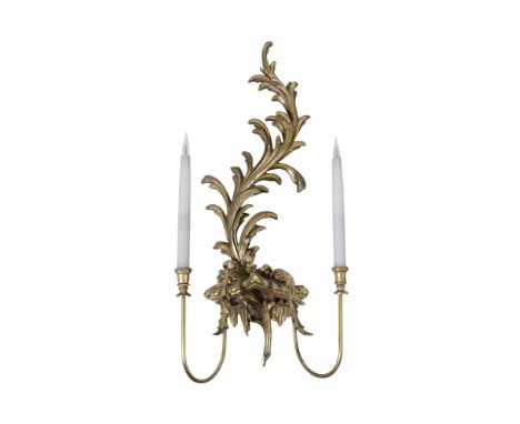 A PAIR OF FRENCH STYLE TWO LIGHT WALL SCONCES, formed as scrolling acanthus fitted with two upturned branches, each with simu