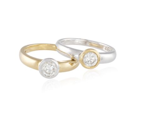 A PAIR OF DIAMOND RINGS, each collet-set round brilliant-cut diamond weighing approximately 0.45ct, to a plain gold hoop, bot