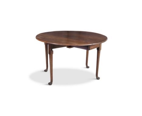 A 19TH CENTURY MAHOGANY OVAL DOUBLE DROP LEAF TABLE, with moulded rim and raised on plain turned column gate legs and pad fee
