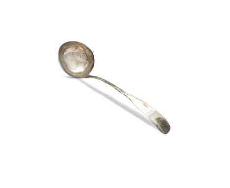 A GEORGE III IRISH SILVER SOUP LADLE, Dublin 1804, mark of William Law and 'JK' in script, with long fiddle pattern handle, c