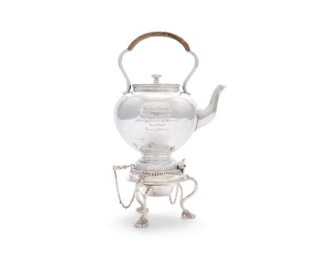 A SILVER WATER KETTLE ON STAND WITH BURNER, London 1882-83, mark of William Hutton &amp; Sons, the baluster shaped kettle wit