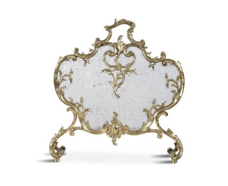 A FRENCH 19TH CENTURY BRASS FIRE SCREEN, of cartouche form, with naturalistically cast handle, the wire mesh decorated with f