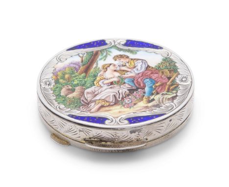 A CONTINENTAL SILVER AND ENAMEL COMPACT CIRCULAR BOX, 800 standard, 19th century, decorated with romantic figures in a garden