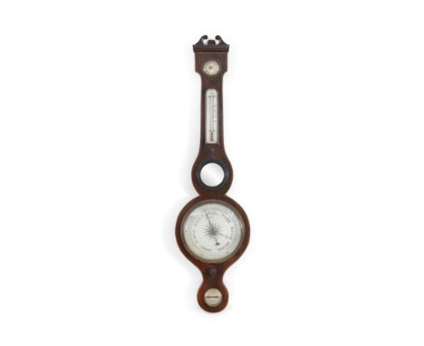 A 19TH CENTURY INLAID MAHOGANY CASED BANJO BAROMETER, with engraved steel dial, Yeates &amp; Son, Dublin. 98cm long