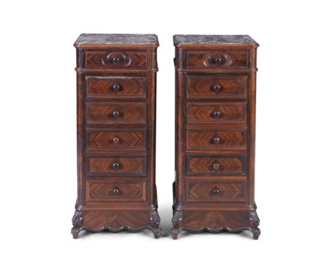 A PAIR OF FRENCH KINGWOOD AND ROUJE MARBLE BEDSIDE CHESTS, 19th century, of squared form, with six short drawers, each with t