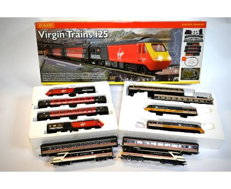 A Hornby 00 gauge Virgin Trains 125 locomotive with two engines and two carriages in original box (lacks accessories) to/w an