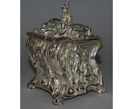 A GOOD PLATED CHINESE PATTERN TEA CADDY, decorated with buildings and figures 5ins high.