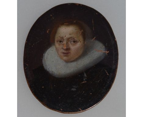 MANNER OF REMBRANDT Small oval portrait of a lady in copper 2.5ins x 2ins.