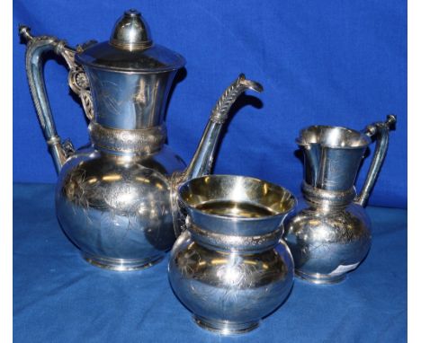 A CHINESE PLATED THREE PIECE TEA SET, engraved with flowers, comprising large upright teapot, sugar bowl and milk jug.