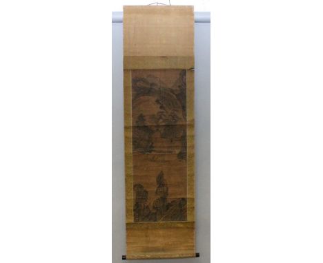 A 19TH/20TH CENTURY CHINESE HANGING SCROLL PAINTING ON SILK, depicting sages in a mountainous river landscape setting, the pa