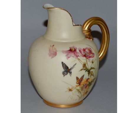 A ROYAL WORCESTER JUG, Pattern No. 1094, painted with flowers and birds with gilt handle 7ins high.