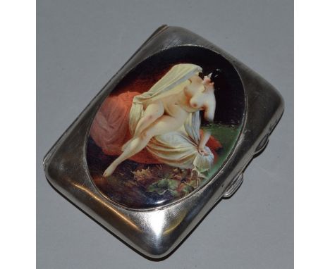 AN ENGINE TURNED SILVER CIGARETTE CASE, Birmingham 1913, with an oval of a lady.