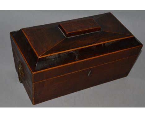 A GEORGIAN MAHOGANY TWO DIVISION TEA CADDY. 12.5ins.