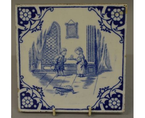 A MINTON BLUE AND WHITE SQUARE TILE, “Edward and Claudia”.