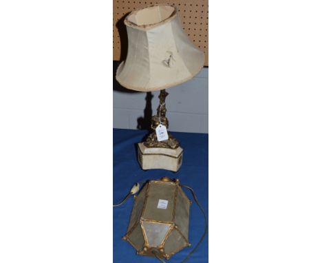 A 19TH CENTURY MARBLE AND ORMOLU LIGHT with cupid support and triangular base, 15ins high (foot missing), and a small lantern