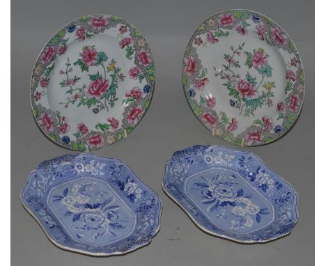 A PAIR OF SPODE BLUE AND WHITE RECTANGULAR DISHES, 8ins, and a PAIR OF CIRCULAR SPODE PLATES, 8ins diameter (4).