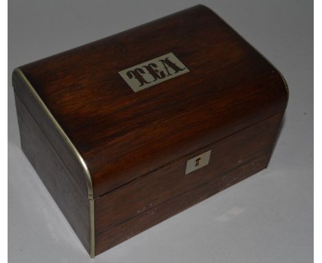 A ROSEWOOD DOMED TOP TEA CADDY with inset tablet “TEA” 5.5ins long.
