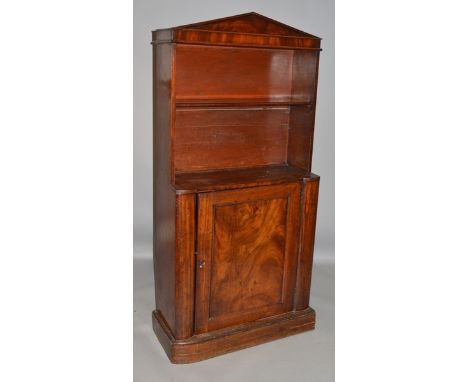 A 19TH CENTURY MAHOGANY STANDING OPEN BOOKCASE, the top with a single shelf on a base with panel door and platform base. 5ft 