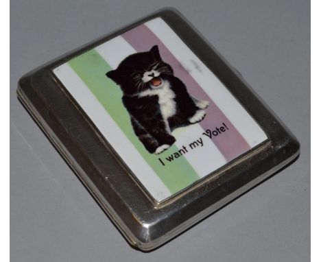 AN ENGINE TURNED CIGARETTE CASE, Birmingham 1912, a large panel of a cat “I Want a Vote”.