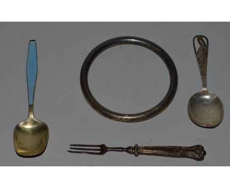 A SILVER BANGLE, SPOONS ETC.