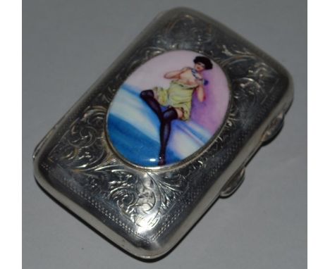 AN ENGINE TURNED SILVER CIGARETTE CASE, Birmingham 1925, with an oval of a glamour girl.