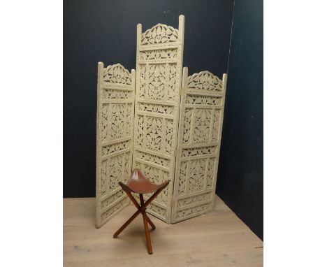 White painted wooden screen & leather seated stool, 170H x 150W cm