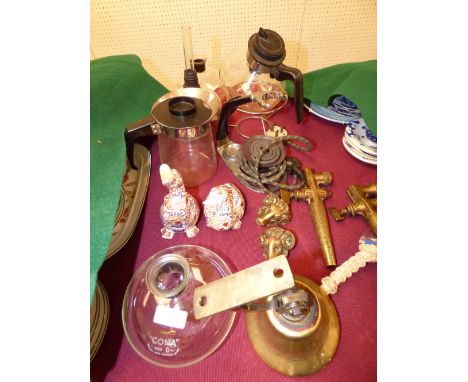 Vintage Cona electric percolator coffee set, auctioneers gavel, Gaskell & Chambers London brass beer taps, tyre pressure gaug