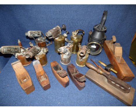 6 antique blow torches, antique brass sprayer & lamp & mixed planes