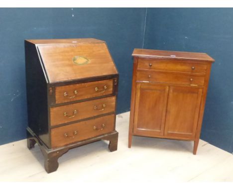 Edwardian mahogany & inlaid, the tall front over 3 long drawers on splayed bracket feet & a mahogany side cabinet