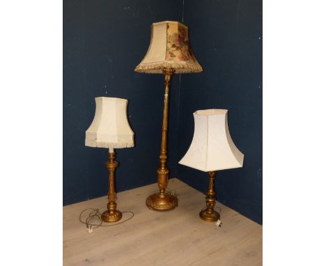 Decorative gilt wood standard lamp & 2 table lamps