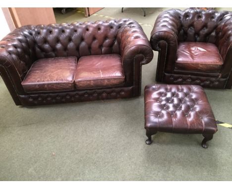 Brown leather Chesterfield 2 seater sofa & matching arm chair with brown leather stool 80x150cm