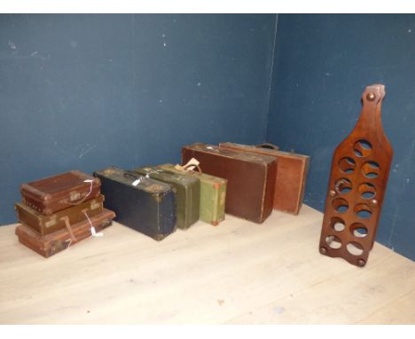 8 mixed vintage suitcases & wooden wine rack