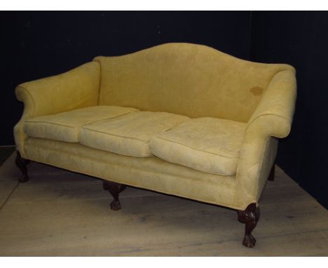 Large upholstered Wesley Barrel style sofa, on 3 raised wooden legs, &  feather cushions, upholstered in yellow /gold fabric