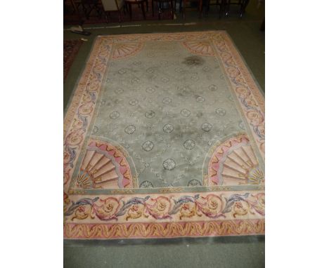 Light green carpet with central floral pattern with borders of cream & pink floral design 272x366 cm