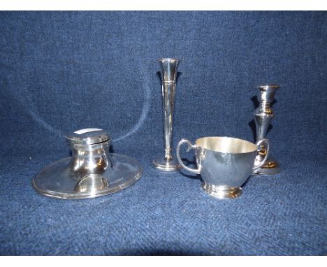 Hallmarked silver inkwell, silver candle stick, silver vase & silver double handled cup 3.5ozt