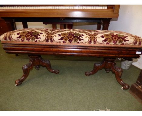Victorian mahogany music stool with floral upholstered seat, carved legs to china castors 48H x 110W cm
