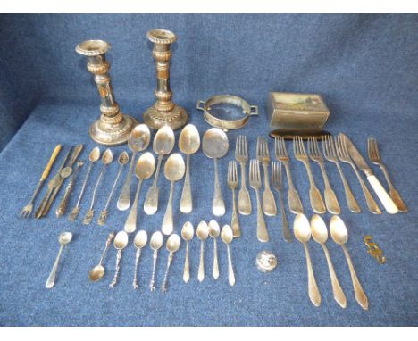 Qty of mixed silver plated cutlery & plated candle stick & cigarette case