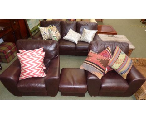 Contemporary brown leatherette 3 seater sofa with matching armchairs and stool