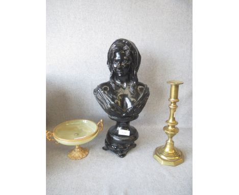 Two bone/bamboo netsuke's and an ivory finial (3) and black painted bust of lady stamped BR to the back, marble and gilt meta