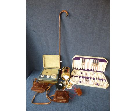 Qty of collectables including vintage cameras, radio, walking stick, light meter, tin of  tea cards, plate flatware boxed etc