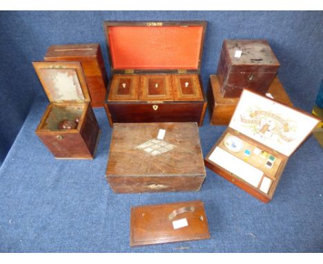 Box of treen boxes incl tea caddies, fitted paint box, carpet bowls