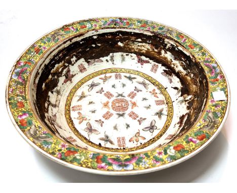 A large Chinese famille jaune basin bowl with butterfly and moth decoration, mark to base, 34cm diameter and a selection of C