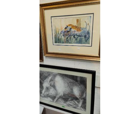 ANNE CAMPBELL -pencil sketch of a boar, signed, 40 x 58cm and a watercolour of warthogs by Gillian Langley. 