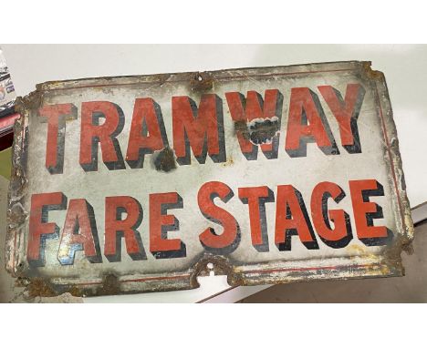 Two vintage enamel signs 'Tramway Fare Stage' and 'All Downward cars stop here' and a painted mirror.&nbsp;&nbsp;53 x 32 cm