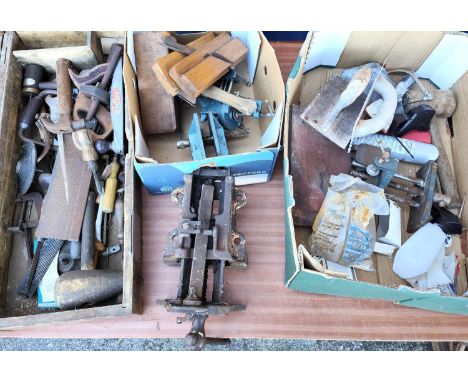 A selection of vintage wooden and other tools in tool chests and loose 